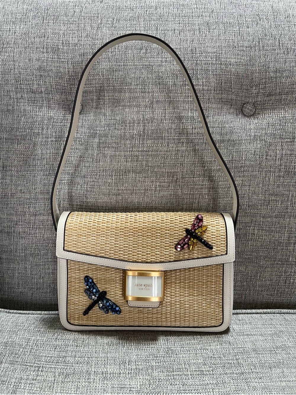 Kate Spade Rare Katy Dragonfly Embellished Straw Genuine Leather Shoulder Bag